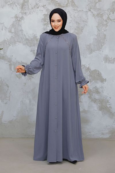 Neva Style Hijab gri cu nasturi Ferace 45275GR