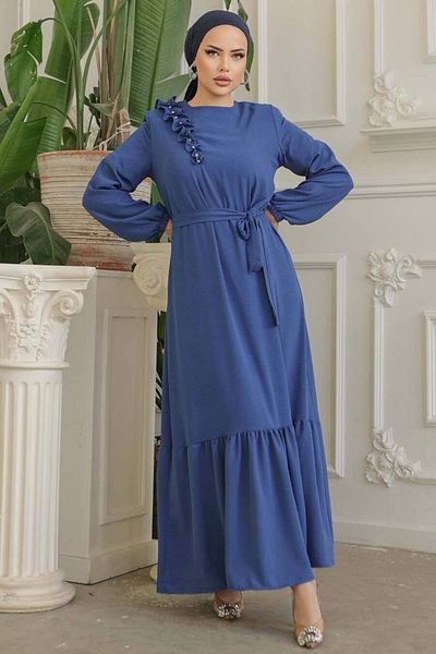 Neva Style Rochie Hijab Albastru Indigo cu centură 659ım