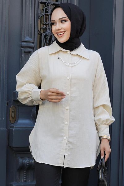 Neva Style Tunica Hijab cu dungi Bej - 11905BEIG