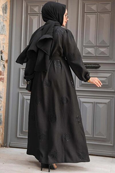 Neva Style Black Hijab Dress - Floral Pattern, Model 30442S