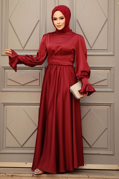Neva Style Rochie de seara cu hijab - Rochie de seara din satin hijab burgundy 5983br