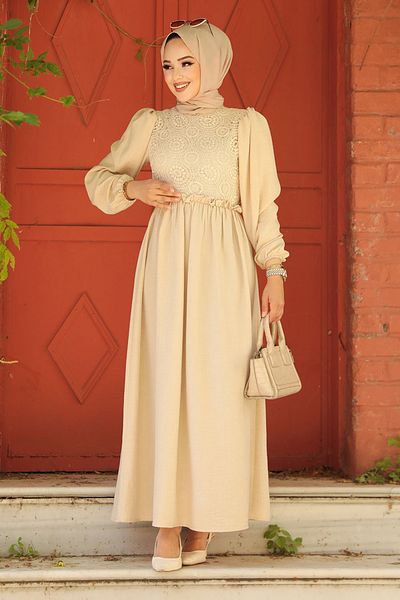 Neva Style Rochie Hijab Bej - Detaliu Guipur, Model 59861BEJ