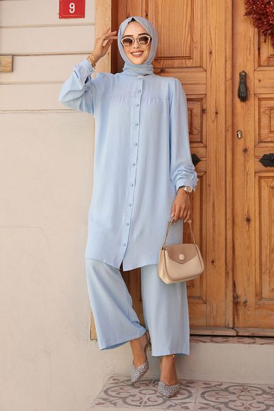 Neva Style Set dublu hijab albastru bebeluș cu nasturi 12172BM