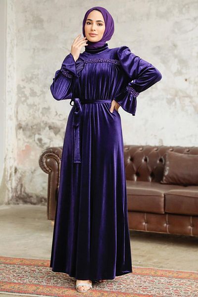 Neva Style Rochie de catifea hijab mov cu centură 37291mor