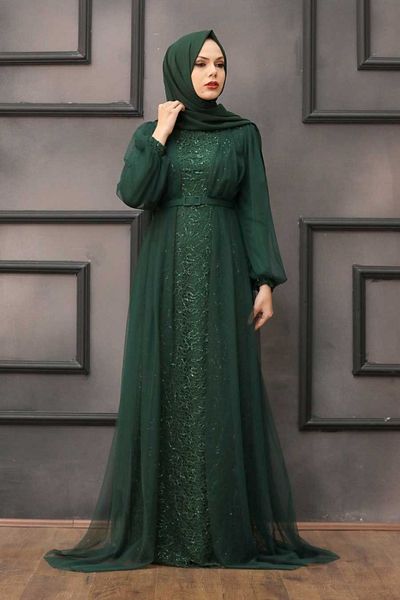 Neva Style Sequin Sequined Dark Green Hijab Evening Dress 5383Ky