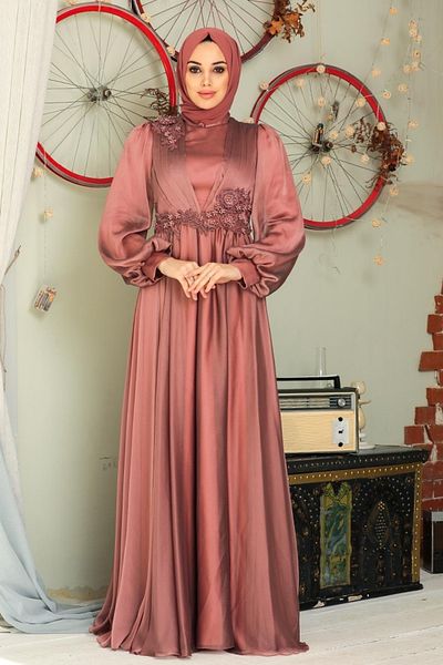 Neva Style فستان سهرة حجاب نحاسي لاسي 21630bkr