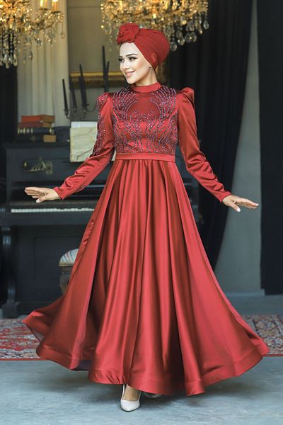 Neva Style Rochie de seara musulmana - Rochie de seara musulmana din satin burgundy brodata cu margele 23191br