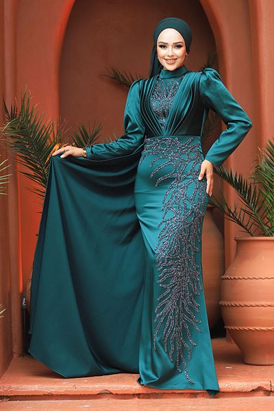 Neva Style Beaded Green Hijab Evening Dress 23122Y
