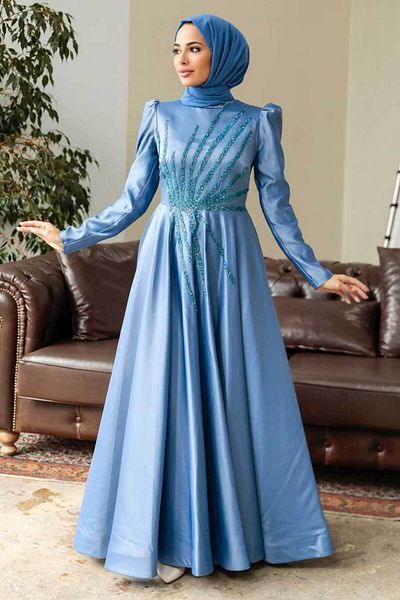 Neva Style Βραδινό φόρεμα με χάντρες Indigo Blue Satin Hijab 2265ım