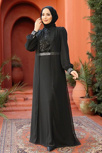 Neva Style Black Hijab Evening Dress with Capes 25876S