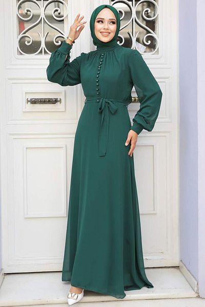 Neva Style Πράσινο Φόρεμα Hijab με λεπτομέρεια με κουμπί 2703y