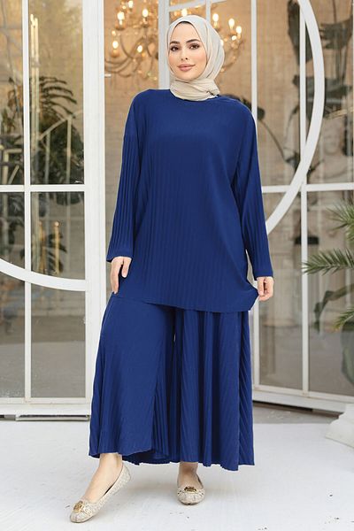 Neva Style طقم حجاب مزدوج مطوي باللون الأزرق Sax - 12107SX