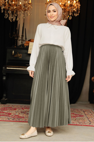 Neva Style Pileli Çağla Yeşili Tesettür Etek 9207CY