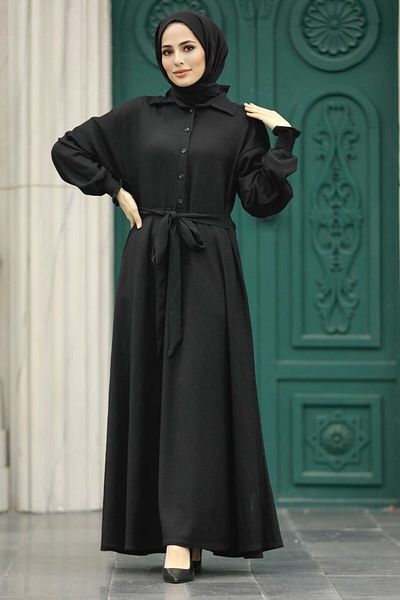 Neva Style Μαύρο Χιτζάμπ Φόρεμα με Κουμπί 5858s