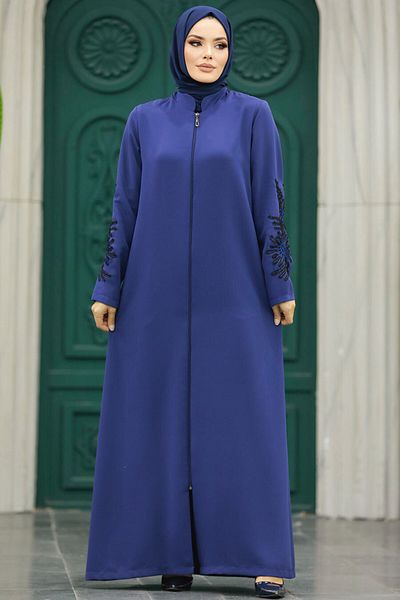 Neva Style Μπλε Indigo Hijab Ferace με λεπτομέρειες στις μανίκια 10081ım
