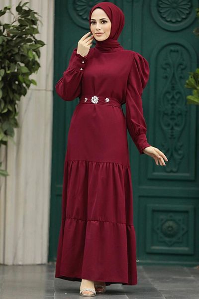 Neva Style - Rochie Hijab Roșu Claret Pliat 5883br