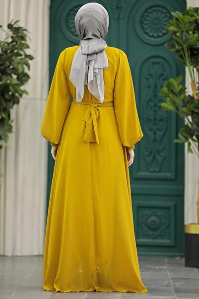 Neva Style Bead Detailed Mustard Hijab Evening Dress 22153Hr