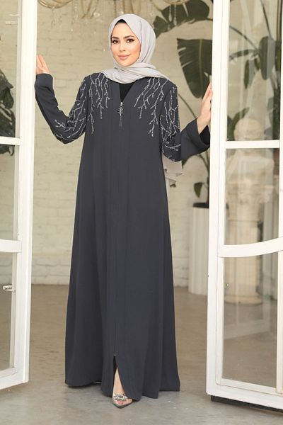 Neva Style Abaya hijab brodata cu margele afumate - 29110FU
