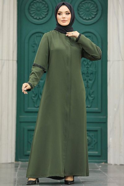 Neva Style فستان كاكي محتشم بأكمام مفصلة 10091hk