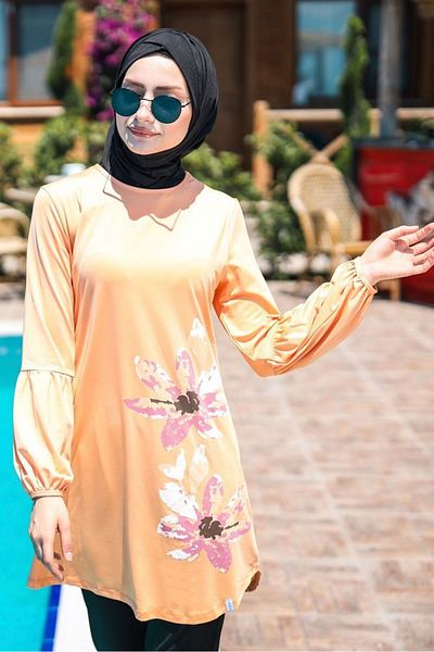 Neva Style Rope Tied 4-Piece Salmon Flower Patterned Full Covered Hijab Swimsuit M2013SMN
