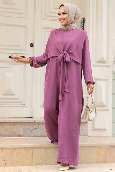 Neva Style Tie-Up Dark Rose Dried Hijab Jumpsuit 5714Kgk