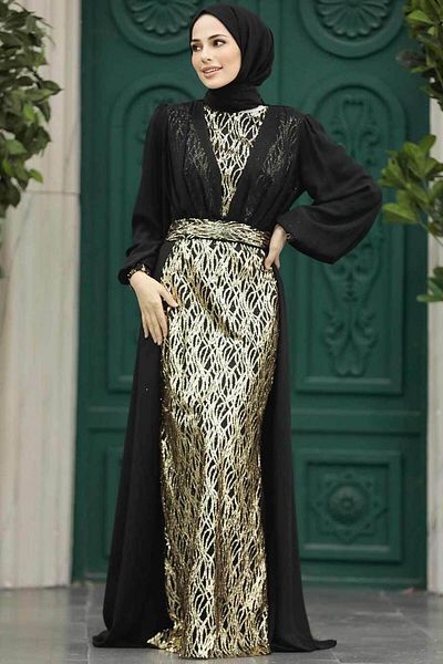Neva Style Μαύρο Μουσουλμανικό Βραδινό Φόρεμα με Λεπτομέρεια Μανδύα 50173s