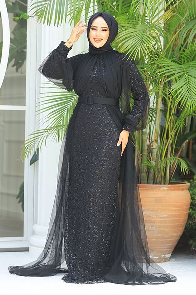 Neva Style Sequin Sequined Black Hijab Evening Dress 5441S