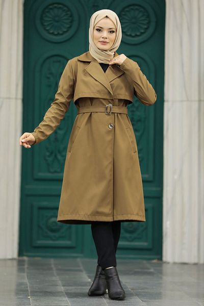 Neva Style Καφέ Hijab Trench Coat με ζώνη πόρπης 59371kh