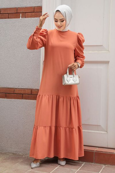 Neva Style Folded Pleated Salmon Hijab Dress 5883Smn
