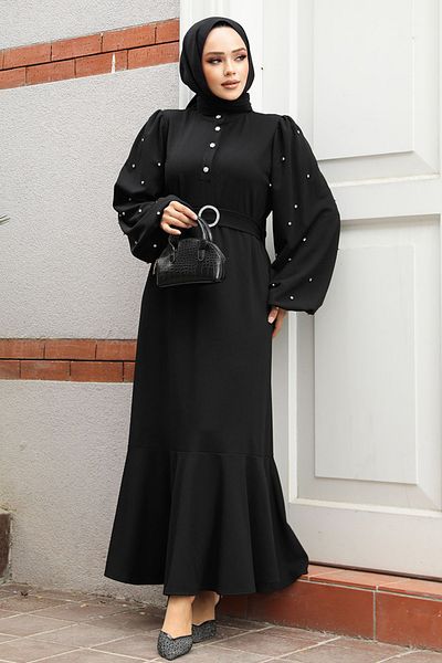Neva Style Rochie de seara cu hijab - Rochie de seara creponata neagra cu margele 30022s