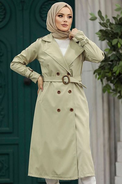 Neva Style Light Khaki Hijab Trench Coat with Buckle Belt 5942Ahk