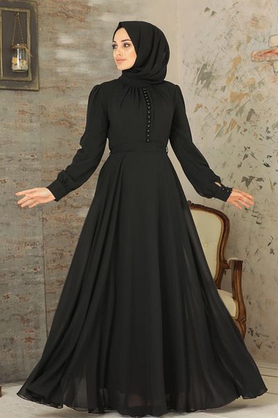 Neva Style Rochie neagră hijab cu detaliu de nasturi 2703s