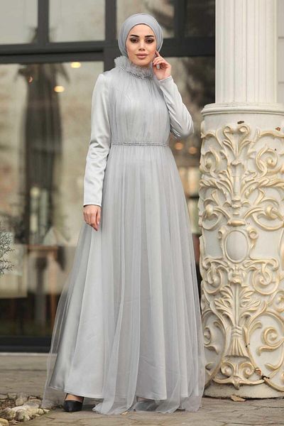 Neva Style Bead Detailed Gray Hijab Evening Dress 2203Gr