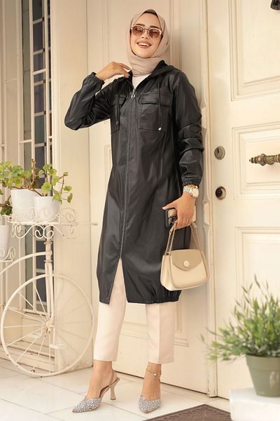 Neva Style Șapcă Hijab din piele neagră cu glugă - 1503S