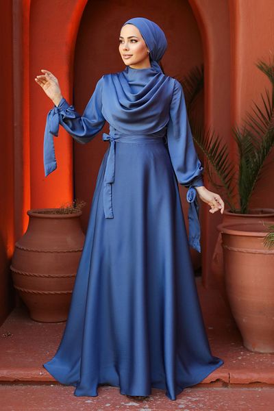 Neva Style Blue Satin Hijab Evening Dress 38031m