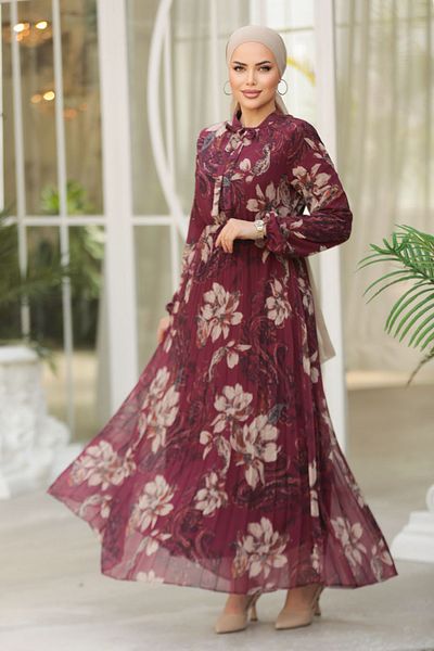 Neva Style Rochie Hijab Burgundy cu Motiv Floral 50355BR