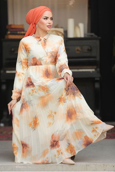 Neva Style Πορτοκαλί Φόρεμα Hijab με σχέδιο 50356T