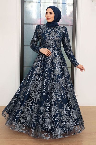 Neva Style Beaded Navy Blue Hijab Evening Dress 22662L