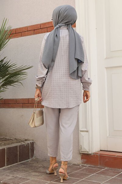 Neva Style Gray Hijab Double Set - Gingham Detailed 12191GR