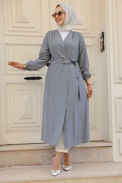 Neva Style Belted Gray Hijab Kimono 457Gr