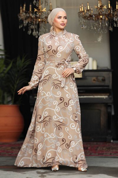Neva Style - Rochie Hijab Biscuit cu Motiv Floral 279329 bs