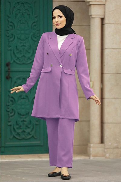 Neva Style - Costum dublu hijab liliac cu jachetă blazer 5851lila