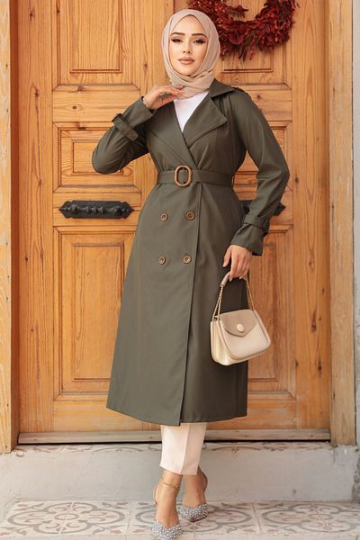 Neva Style Trench Hijab kaki cu centură cu cataramă 5942hk