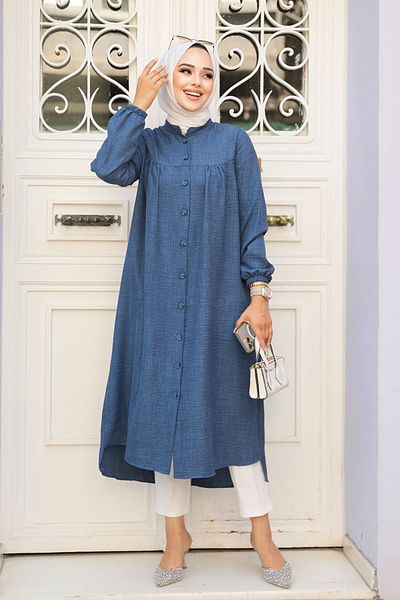 Neva Style تونيك حجاب أزرق نيلي بأزرار - 5642IM