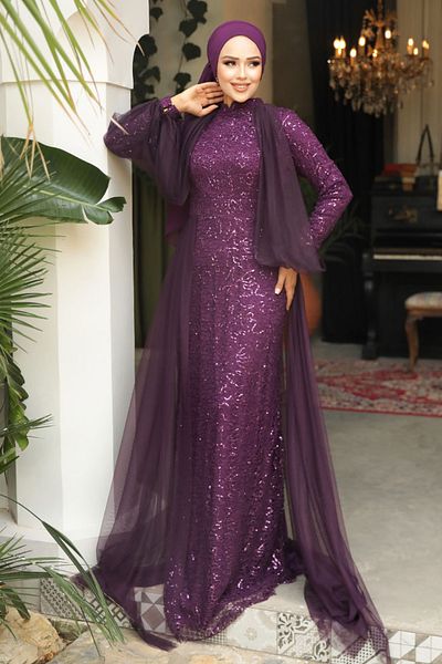 Neva Style Cape Plum Hijab Evening Dress 55190Mu