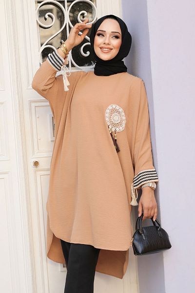 Neva Style تونيك مزين بشراشيب - بسكويت 651BS