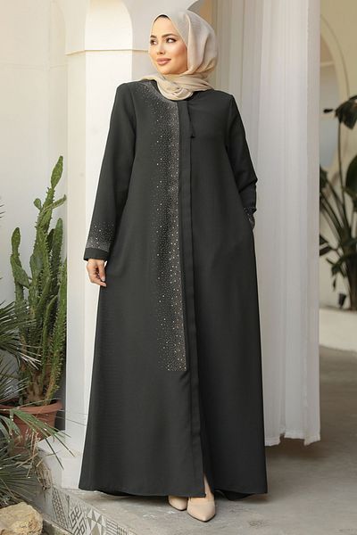Neva Style Abaya Hijab cu mărgele verde petrol închis - 26331KPY