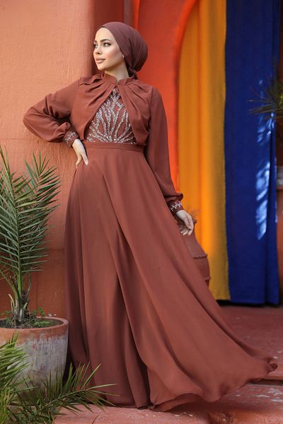 Neva Style Beaded Tile Hijab Evening Dress 25886Krmt