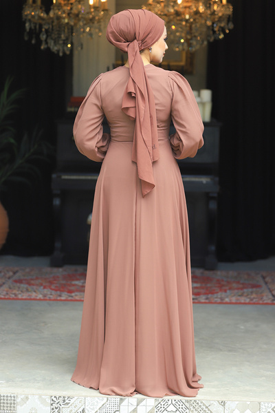 Neva Style Кафява вечерна рокля с дантелен хиджаб 3435kh