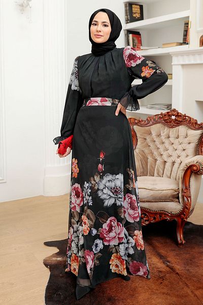 Neva Style - Rochie Hijab Neagră cu Motiv Floral 35461s